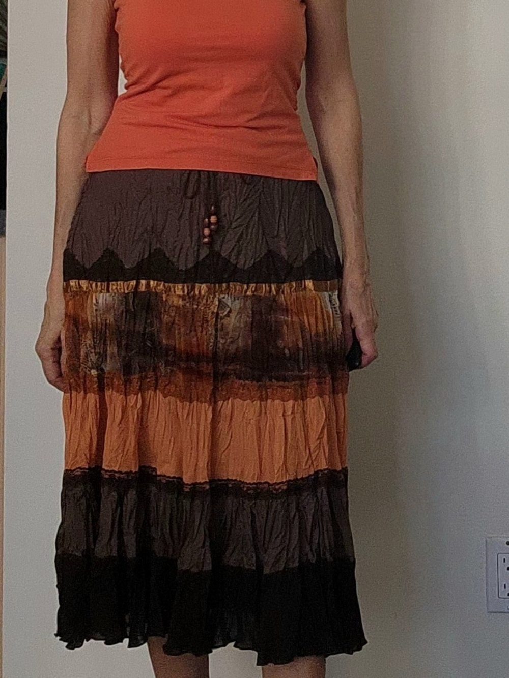 Tracy Evans Tiered Crinkle Midi Skirt in Burnt Orange and Brown